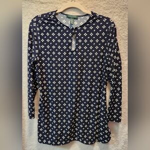 Lauren Ralph Lauren Petite Long Sleeve Blouse Size PL, Blue With White Designs